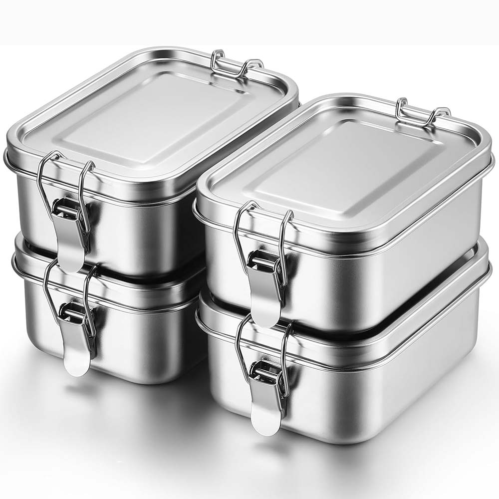 Food Storage Lock Box - 4 個のステンレス鋼弁当箱金属弁当箱食品保存容器ロック可能なクリップ付きランチスナックボックス仕事、学校