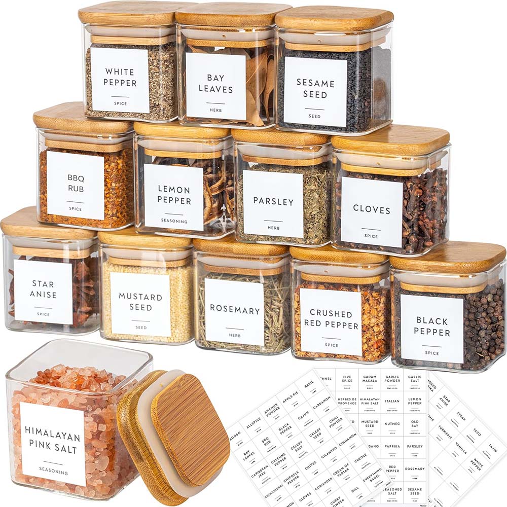Food Storage Jar Labels - スパイスラベル付きガラス瓶セット、5オンス、正方形、竹蓋、ステッカーラベル、食品収納コンテナ、キャニスター