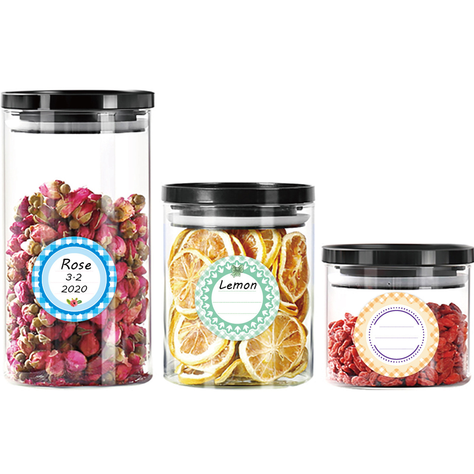Food Storage Jar Labels - 20枚入りカラー丸型防水ラベルステッカー PVC製 書き込み可能 自己粘着性 ガラス瓶、ボトル、食品保存、缶詰、スパイス用