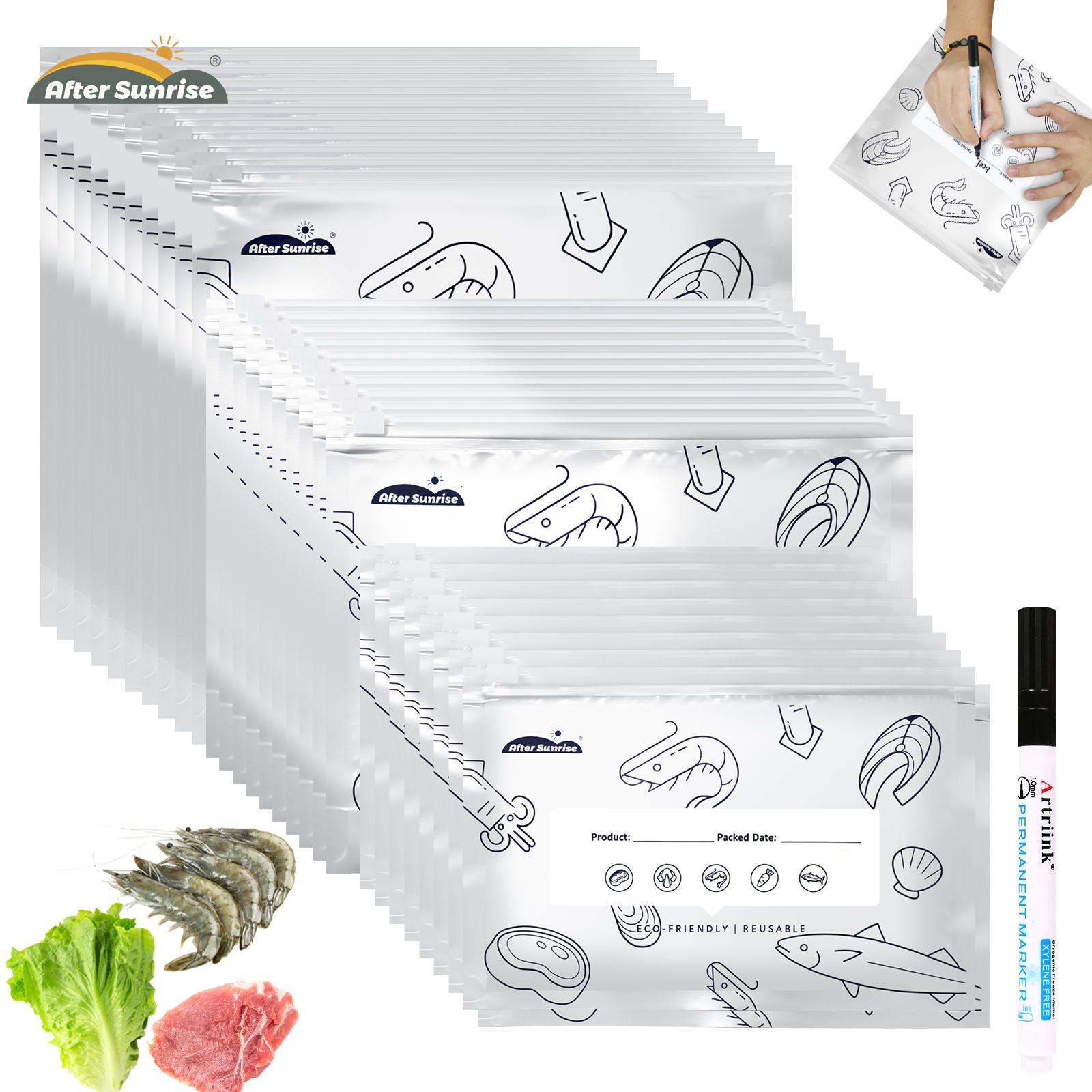 Food Storage Vacuum Bags - 【冷蔵食品用】再利用可能なアルミホイル製密封保存袋、Aftersunrise 2026年新発売の食品用再封可能な真空ジッパーポーチ、ラベルとジップロック付きの野菜・果物・肉用自立型アルミホイル密封袋