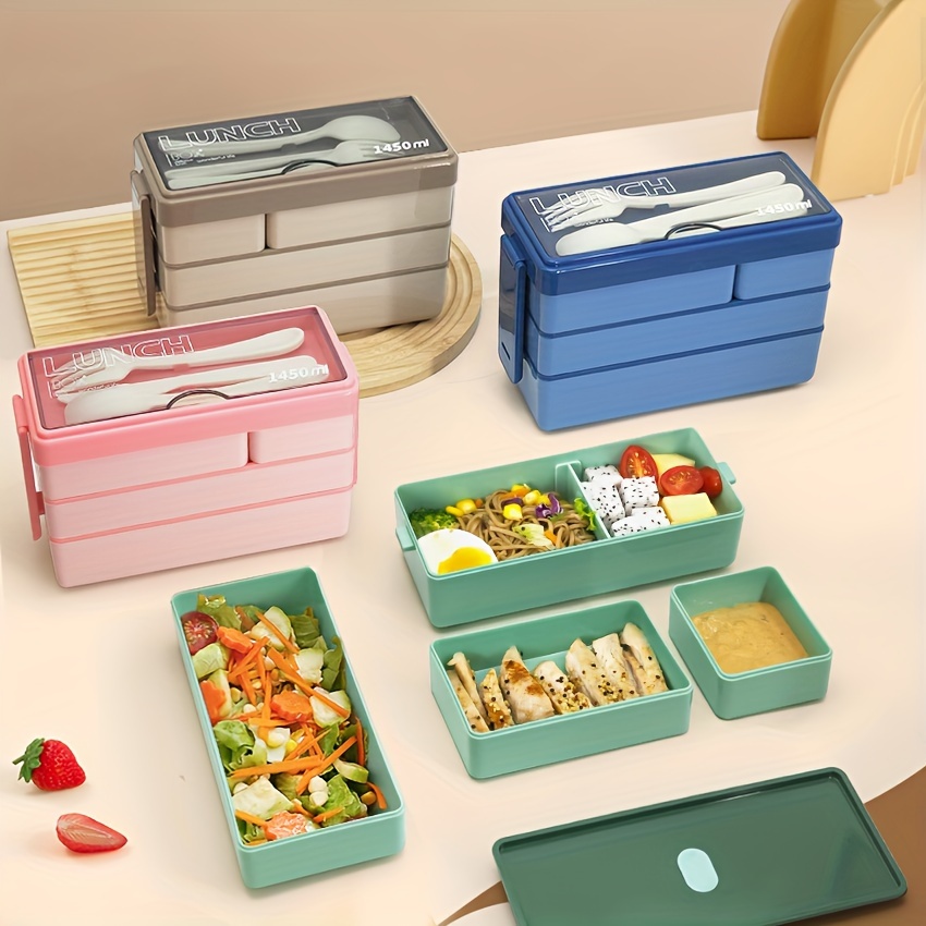 Xxl Food Storage Container - カトラリー付き大容量弁当箱,多層食品保存,積み重ね可能な漏れ防止弁当容器,キッチン用品,1450ml