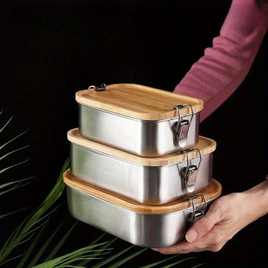 Food Storage Stainless Steel - 新しい304ステンレス製竹製蓋付きランチボックス、和風蓋付き保存容器、ランチボックス、食品保存容器