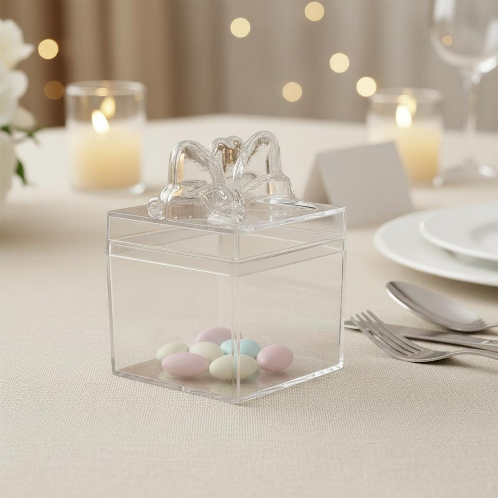 Food Storage Box - 透明プラスチック製キャンディボックス、リボン付き多目的透明キャンディボックス、ミニキューブ容器、食品グレード、小物収納