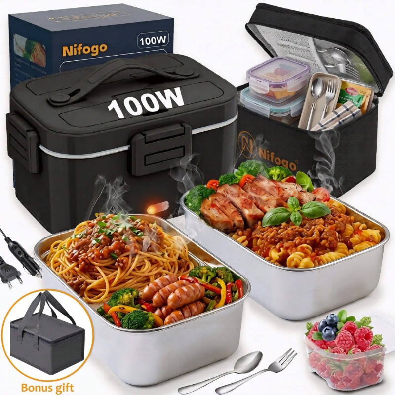 Food Storage Stainless Steel - 100W電気加熱式ランチボックス、1.8L 304ステンレス製フードウォーマー、車と家庭で使える12V/24V/110V両用、トラック、オフィス、旅行用の断熱バッグ付きポータブル漏れ防止加熱ランチコンテナ