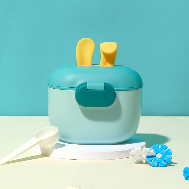 Food Storage Lock Box - 新しいシリコン製うさぎ耳型ミルクディスペンサー、粉ミルク容器、マット表面の粉ミルクボックス（スプーン、ロック、ストラップ付き）