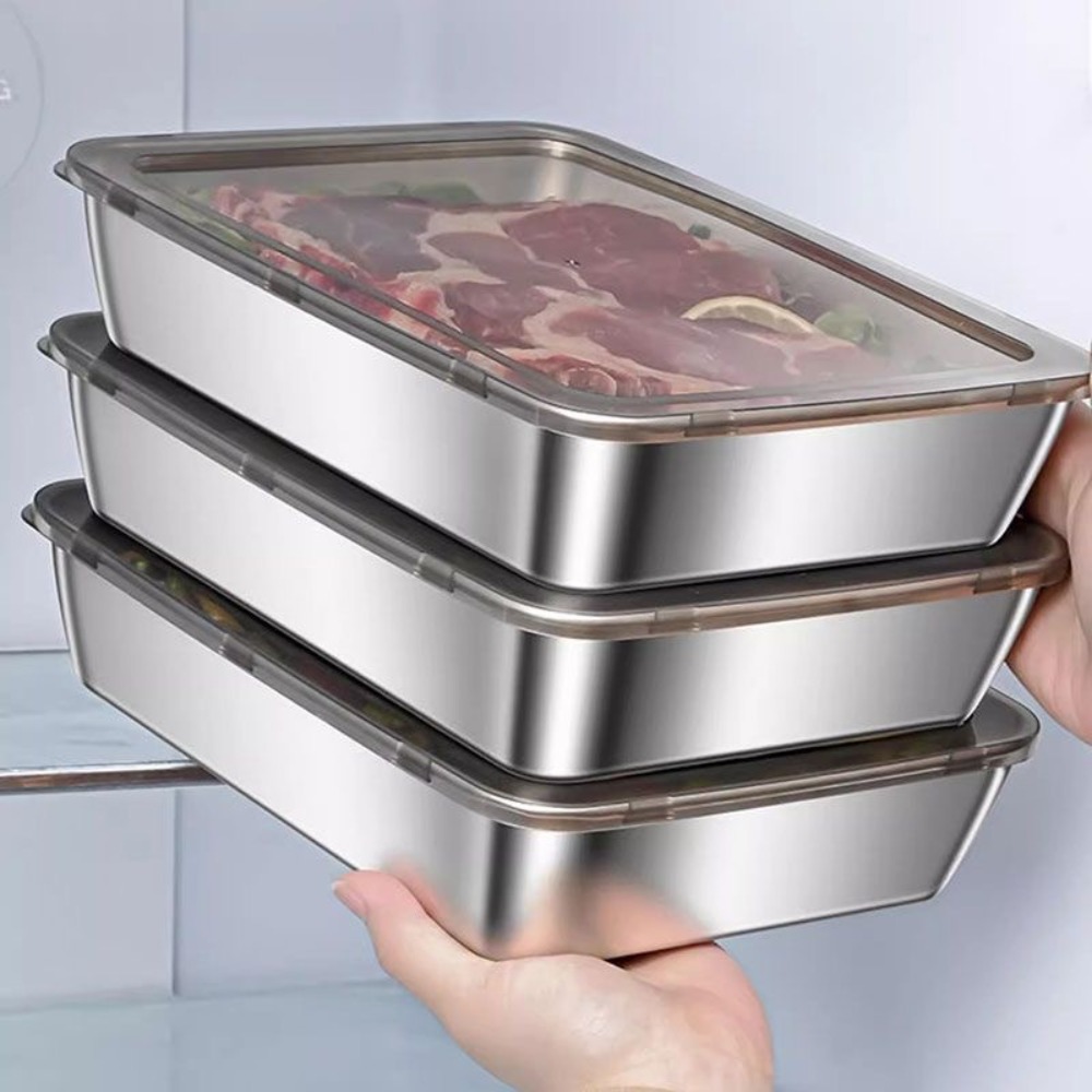 Food Storage Stainless Steel - 食品グレードのステンレス製サービングトレイ（蓋付き）、多目的な正方形収納容器、密閉型キッチンフードパン（カバー付き）