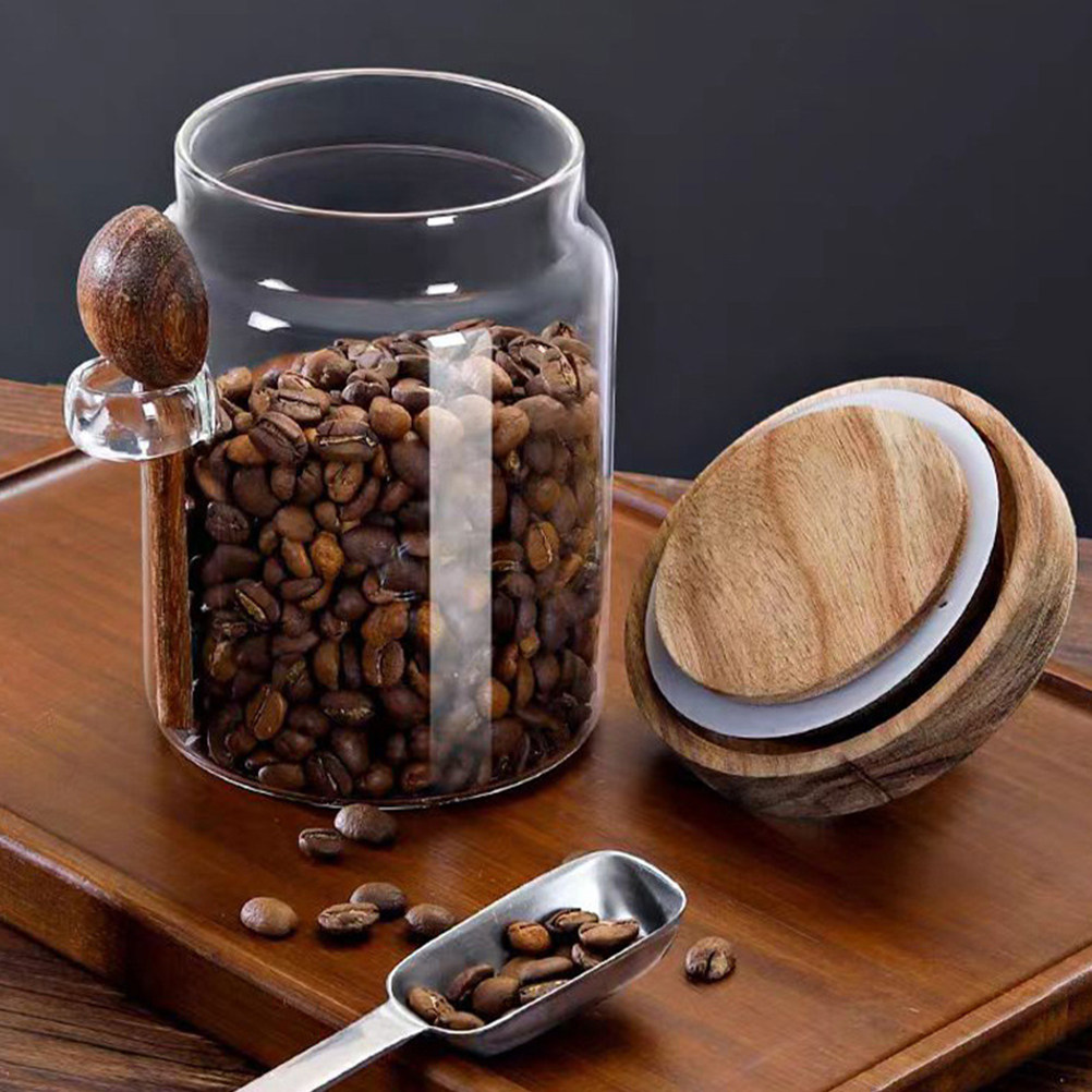 Food Storage Containers Glass - 透明ガラス製食品保存容器、気密性のある木製蓋付き、コーヒー容器、茶葉保存瓶、穀物保存瓶、キッチンパントリー用