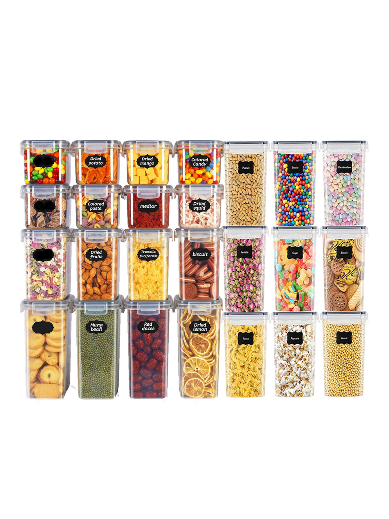 Food Storage Jar Labels - 48個入り、蓋付き密封食品保存容器、プラスチック製キッチンパントリー、乳糖、穀物、小麦粉、砂糖用の乾物保存瓶、ラベル付き
