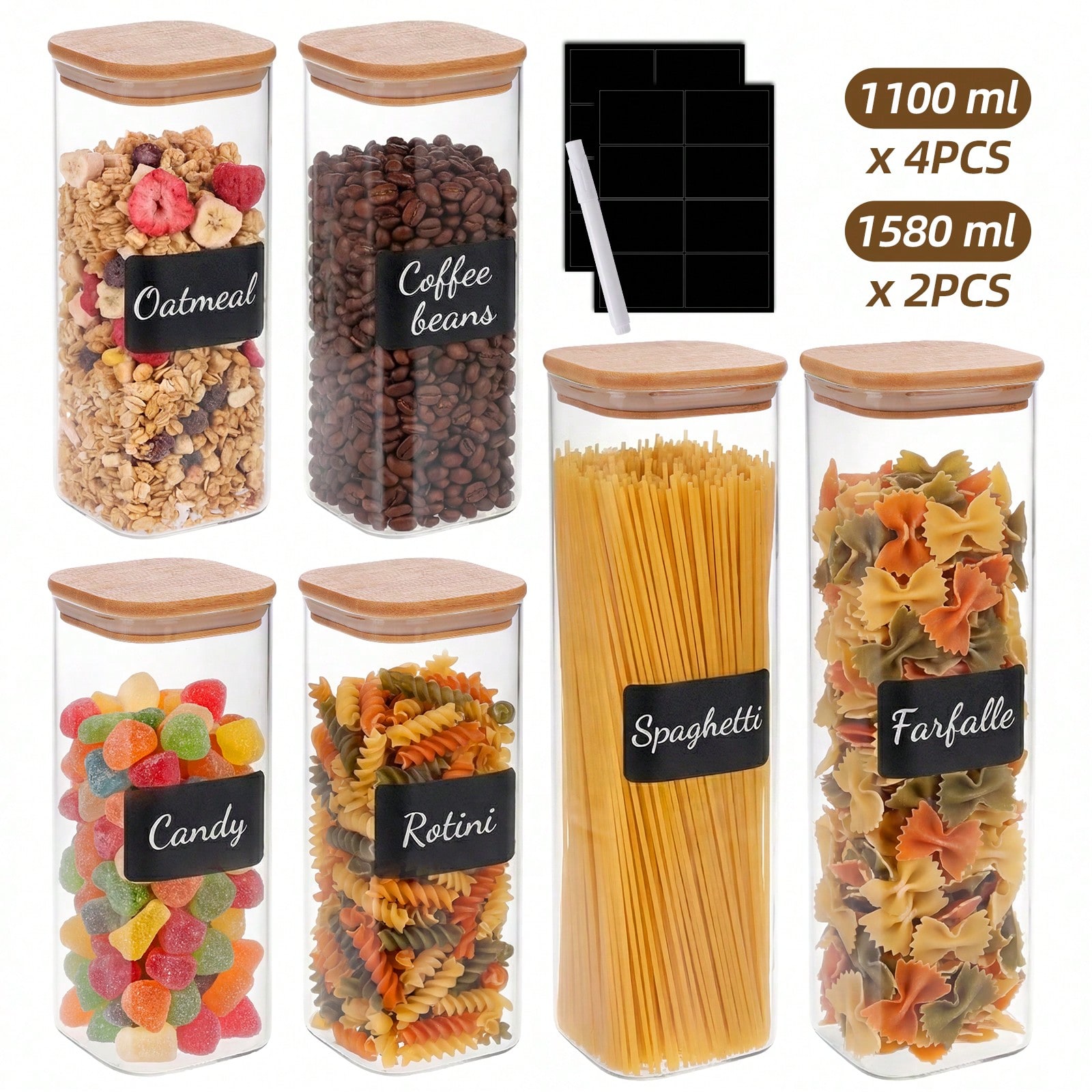 6/12個入りガラス製食品保存容器（蓋付き）、小麦粉、砂糖、 - Food Storage Containers Glass のレビューと価格