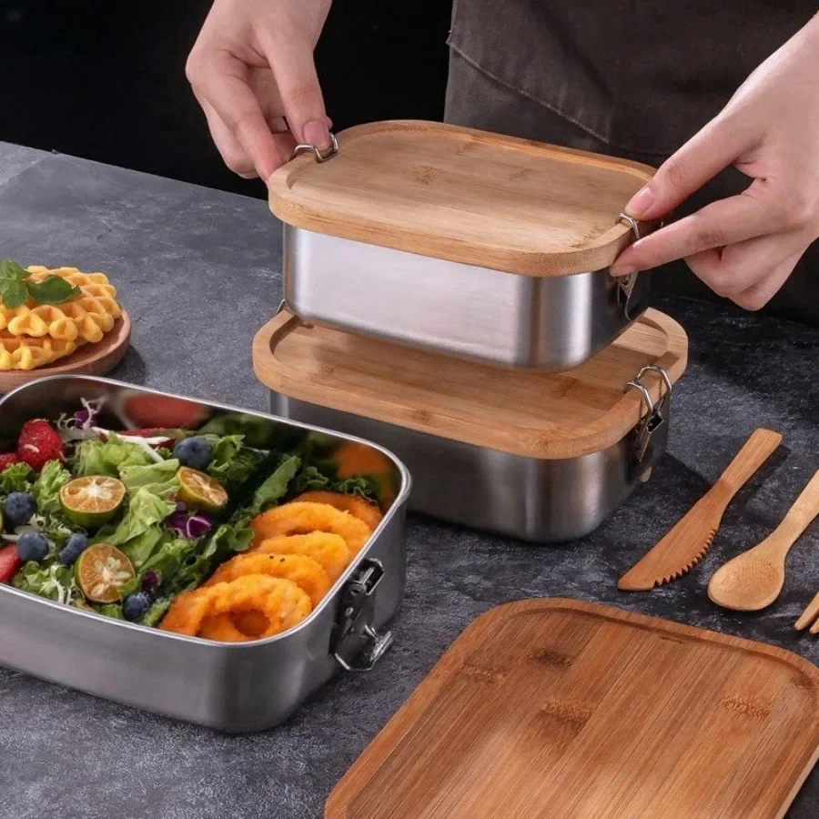 新しい304ステンレス製竹製蓋付きランチボックス、和風蓋付き - Food Storage Stainless Steel のレビューと価格