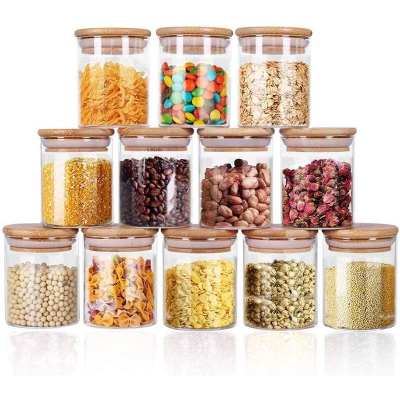 竹製の密閉蓋とラベル付きガラス瓶12個セット、食品シリアル保 - Food Storage Jar Labels のレビューと価格