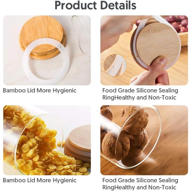 竹製の密閉蓋とラベル付きガラス瓶12個セット、食品シリアル保 - Food Storage Jar Labels のレビューと価格