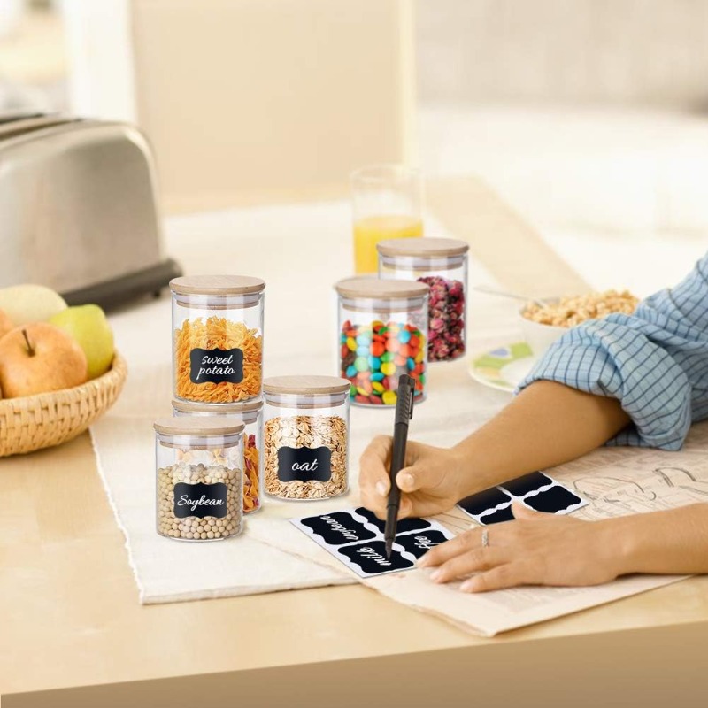 竹製の密閉蓋とラベル付きガラス瓶12個セット、食品シリアル保 - Food Storage Jar Labels のレビューと価格