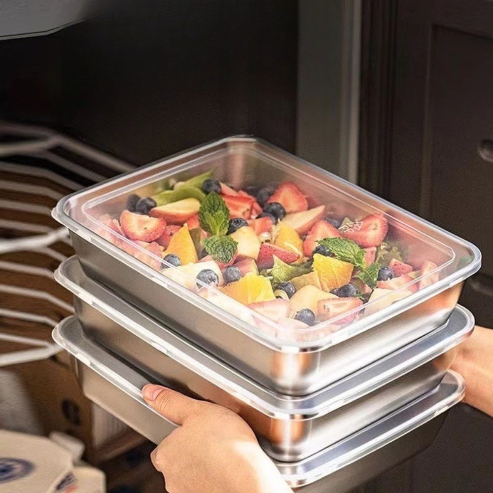 食品グレードのステンレス製サービングトレイ（蓋付き）、多目的 - Food Storage Stainless Steel のレビューと価格
