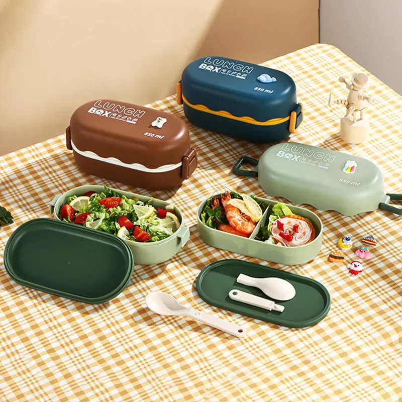 スプーンバックル付きの2層プラスチックコンパートメント弁当箱 - Food Storage Box のレビューと価格
