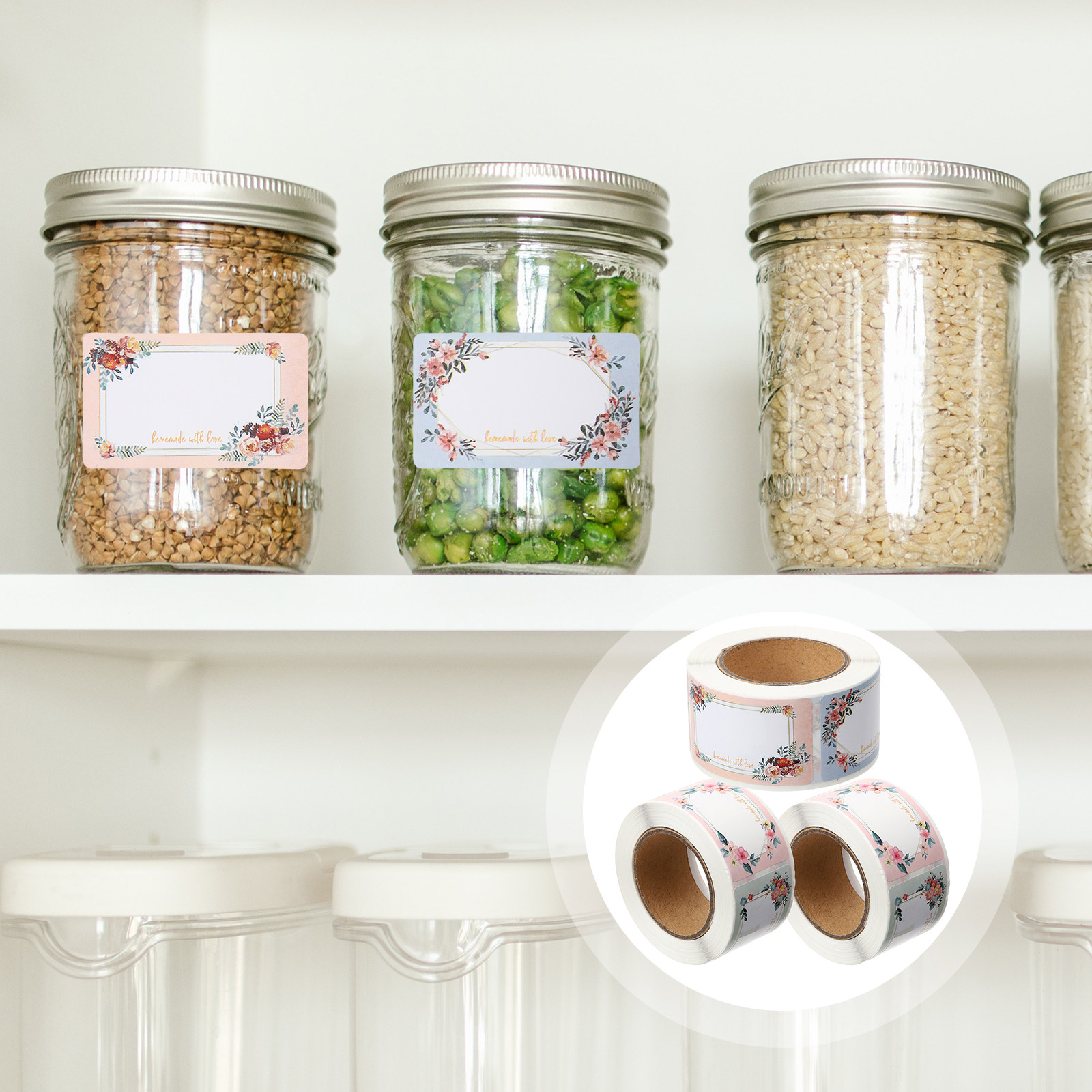 3ロール入り無地のネームラベルステッカー、花柄デザイン、ボト - Food Storage Jar Labels のレビューと価格